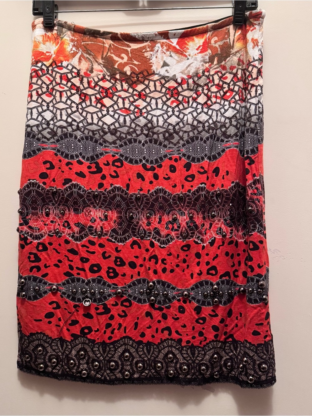 Women's Red Patterned Midi Skirt